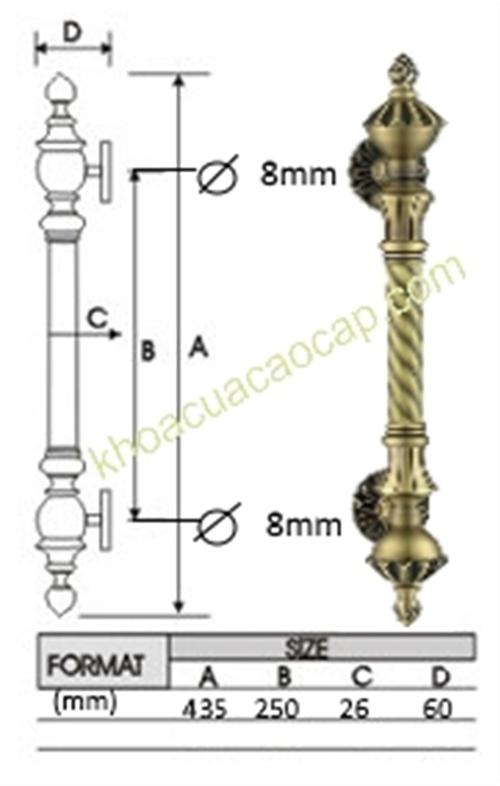 Chi tiết kỹ thuật tay nắm cửa đồng DH26AB
